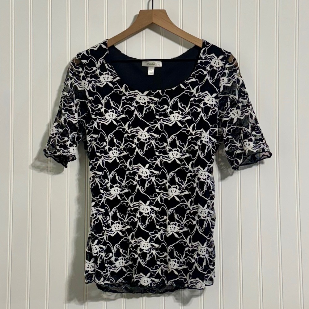 Dress Barn Women‎ Lace Top Nylon Mesh M Whimsigoth Everyday Ceremony Black White